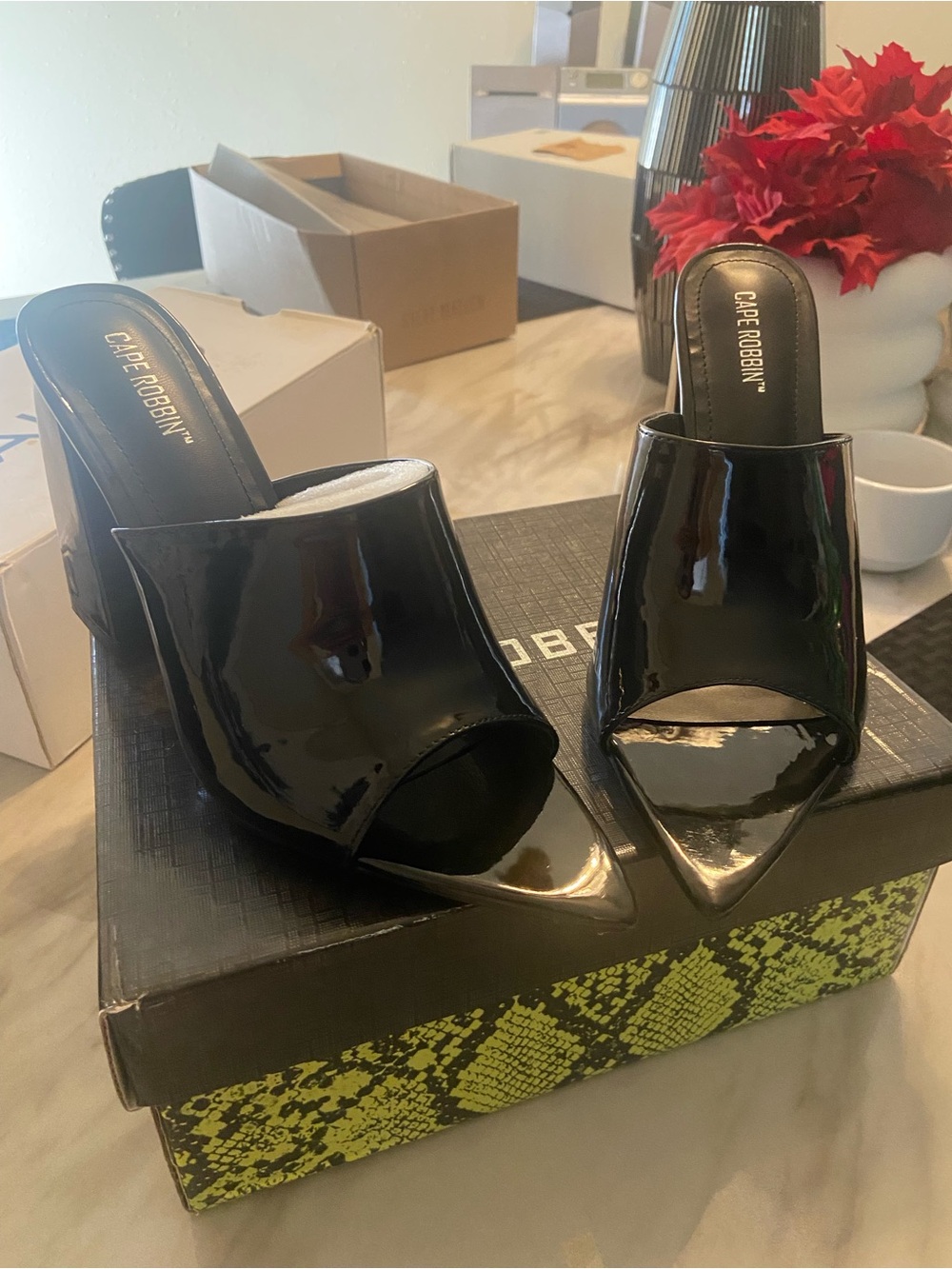 Cape Robbin Black Patent Open-Toe Mule Heels